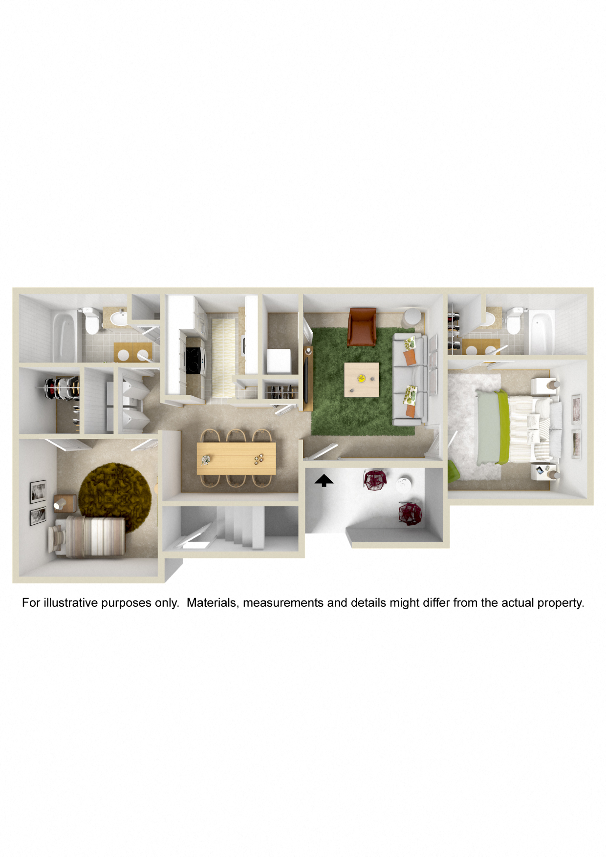 Floor plan for 2 beds, 2 baths, 950 sqft